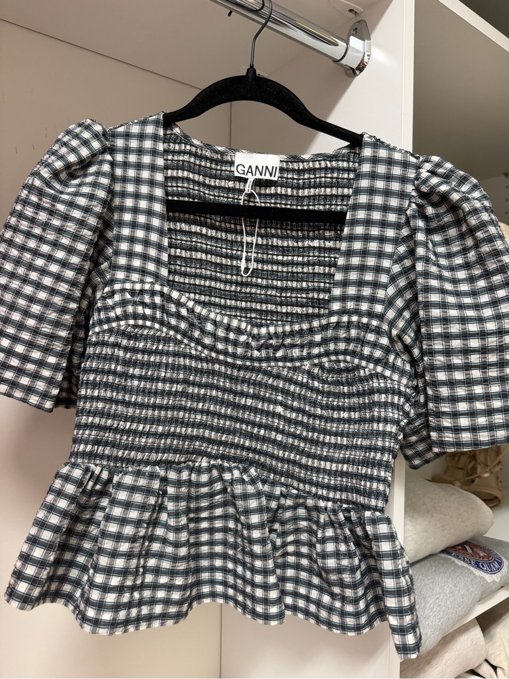 Ganni Black & White Checked Puff-Sleeve Top